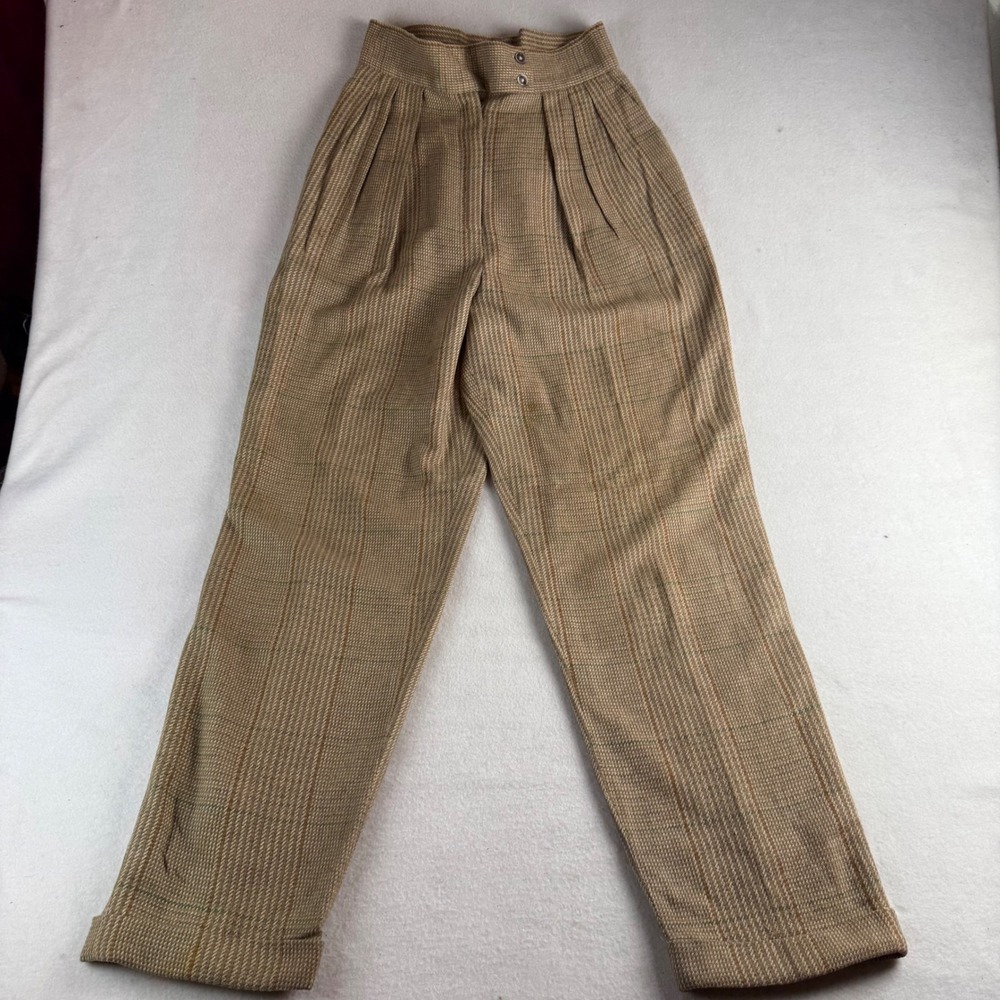 Vintage Brown Plaid Pleated Trousers High Waisted Cuffed Dress Pants Mens 25x27